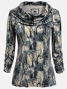 Effie's Heart Julliard Pullover Tunic Cowl Neck (Sz S) Pockets Artsy Trees Art